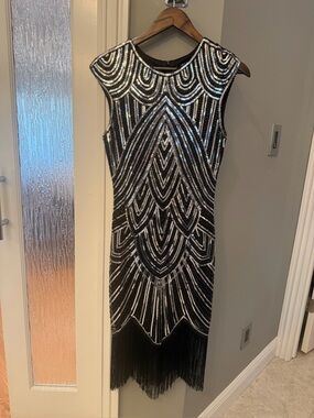 Fundaisy Black Silver Sequin Fringe Gatsby Cocktail Dress XS